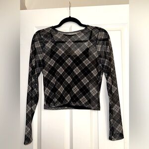 Hollister Sheer Plaid Black & Tan Long Sleeve Top W/ Built-In Tank Size M